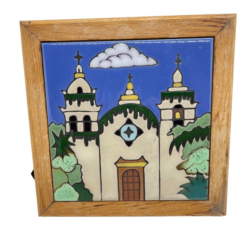 Triton Tile San Carlos Borromero de Carmel Hand Painted made in USA Framed Aged